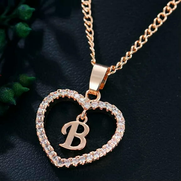 EOEMY A-Z Rose Gold Heart Alphabet Letter Necklace Initial Name Pendant Chain Choker-B