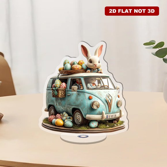 A rotating acrylic decorative piece featuring a vibrant van loaded with Easter eggs and a rabbit driver in a surreal fantasy world