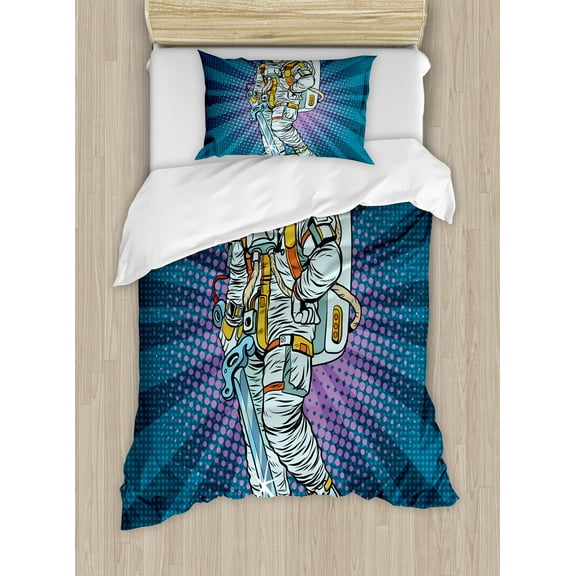 Astronaut Duvet Cover Set, Galaxy and Severed Alien Head Masculine Space Era Fighters Design, Decorative 2 Piece Bedding Set with 1 Pillow Shams, Twin Size, Teal and Coconut, by Ambesonne