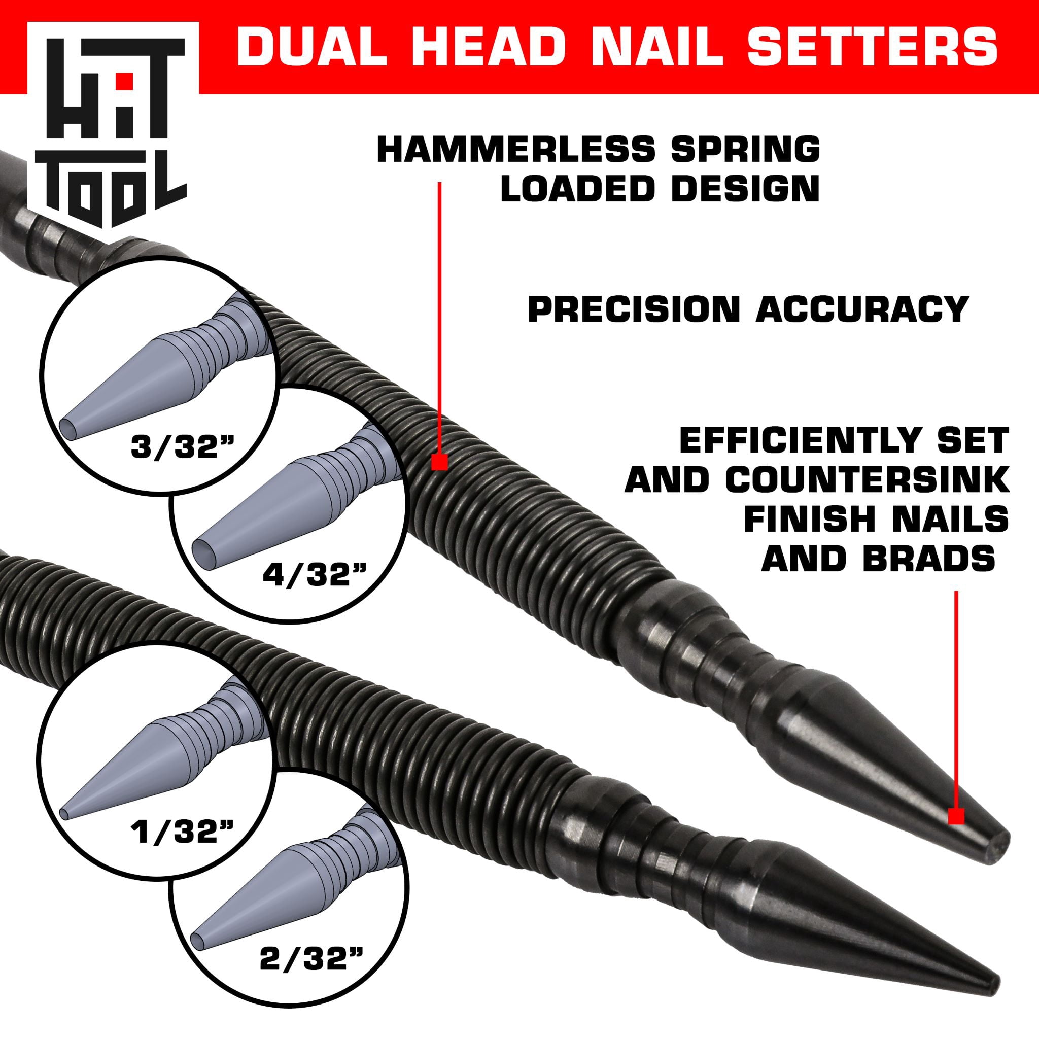 HIT Tool Pro Finish Kit includes 1/32"(#1), 2/32"(#2), 3/32"(#3), 4/32"(#4) Combination Nail Setters (2 Piece) Hammerless Spring Tool Set