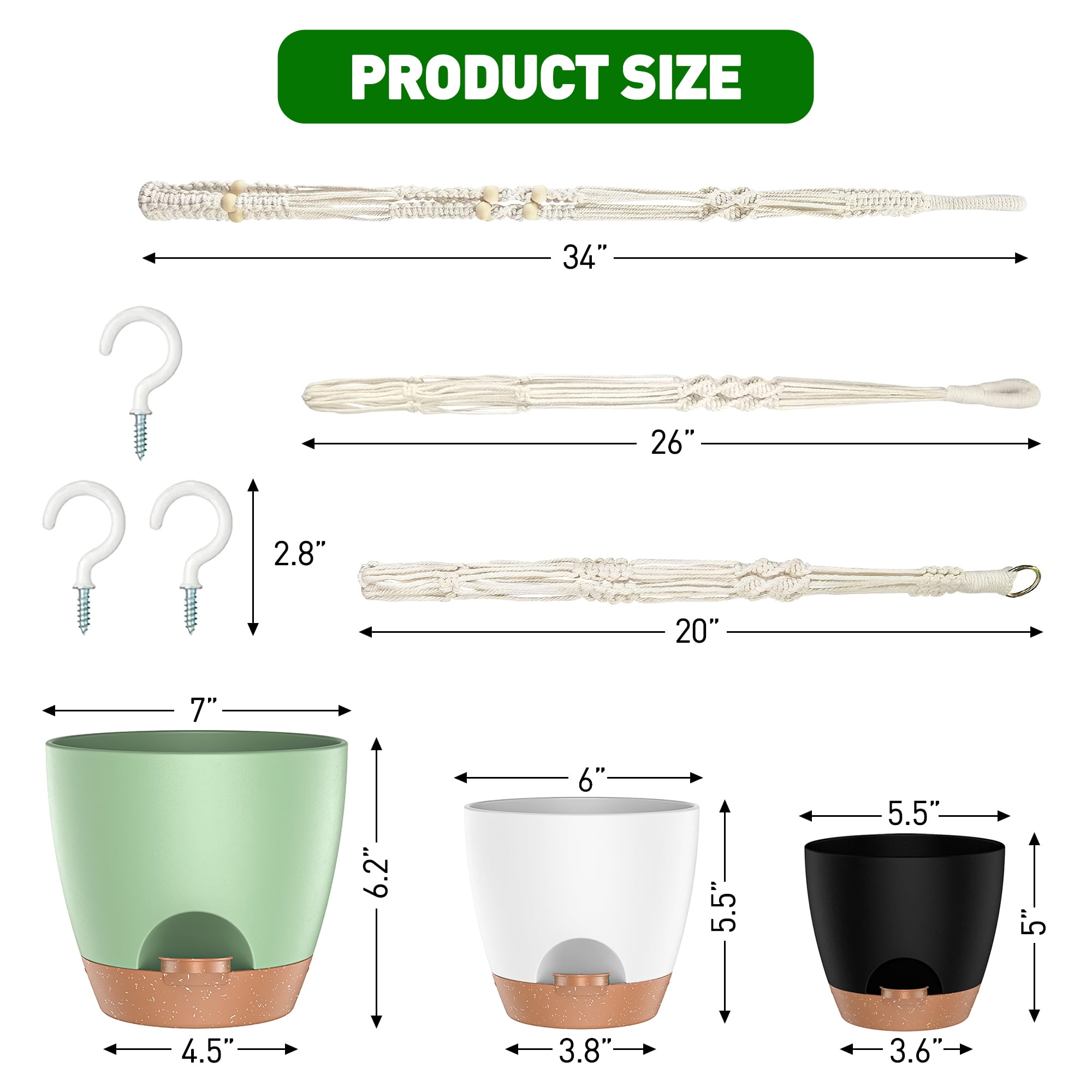 3-Pack Self Watering Hanging Plant Pots with Macrame Hangers, Plastic Planters with Drainage Holes and Saucers, Indoor Outdoor Flower Pots, Includes 3 Ceiling Hooks, 7"/6"/5.5" (Multicolor)