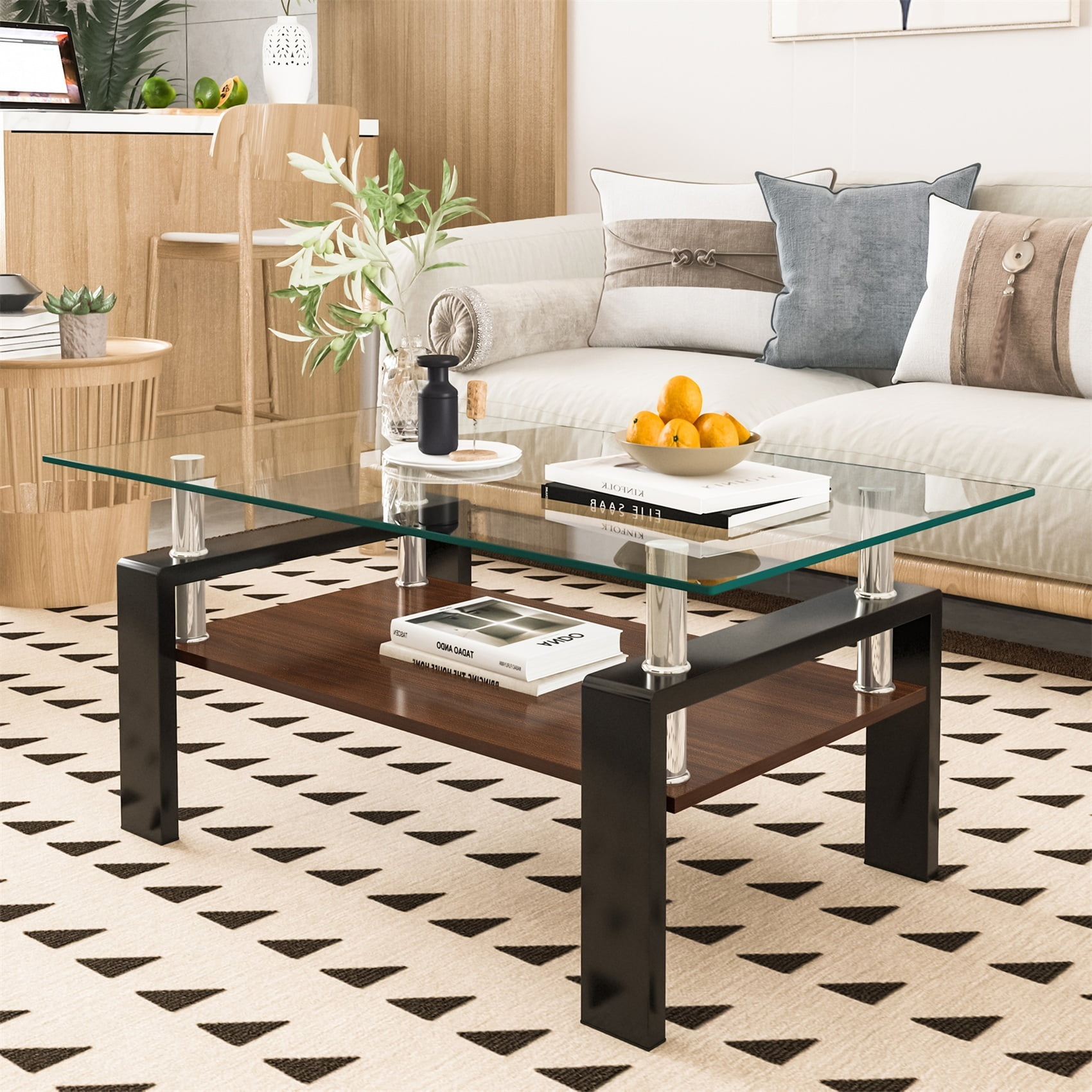 Alvantor Glass Coffee Table, 38.6" Modern Rectangle Tables with Clear Tempered Glass Top and MDF Layer for Living Room Brown
