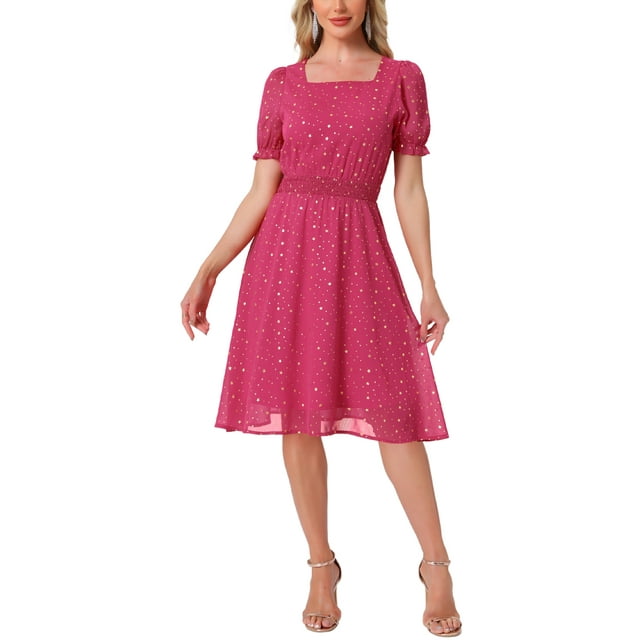Vestido de Cuello Cuadrado Allegra K para Mujeres con Estrellas Metálicas, Manga Corta, Corte A, Cintura Elástica, Midi, XL Rosa Claro