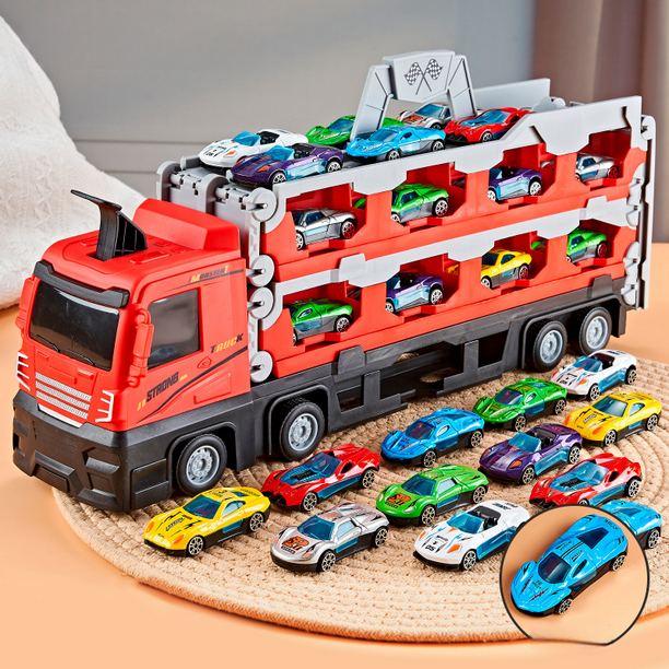 Transforming Toy Car Transport Truck With Collapsible Tracks And Alloy Cars