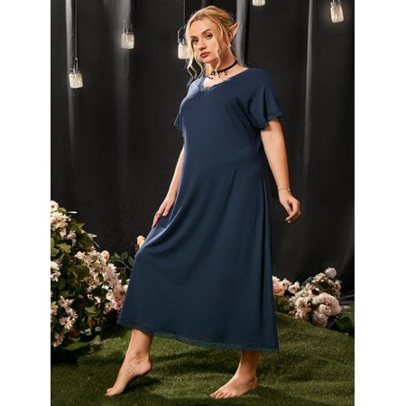 

Women s Plus Contrast Lace Trim Nightdress 2XL(16) Navy Blue Casual F22001D