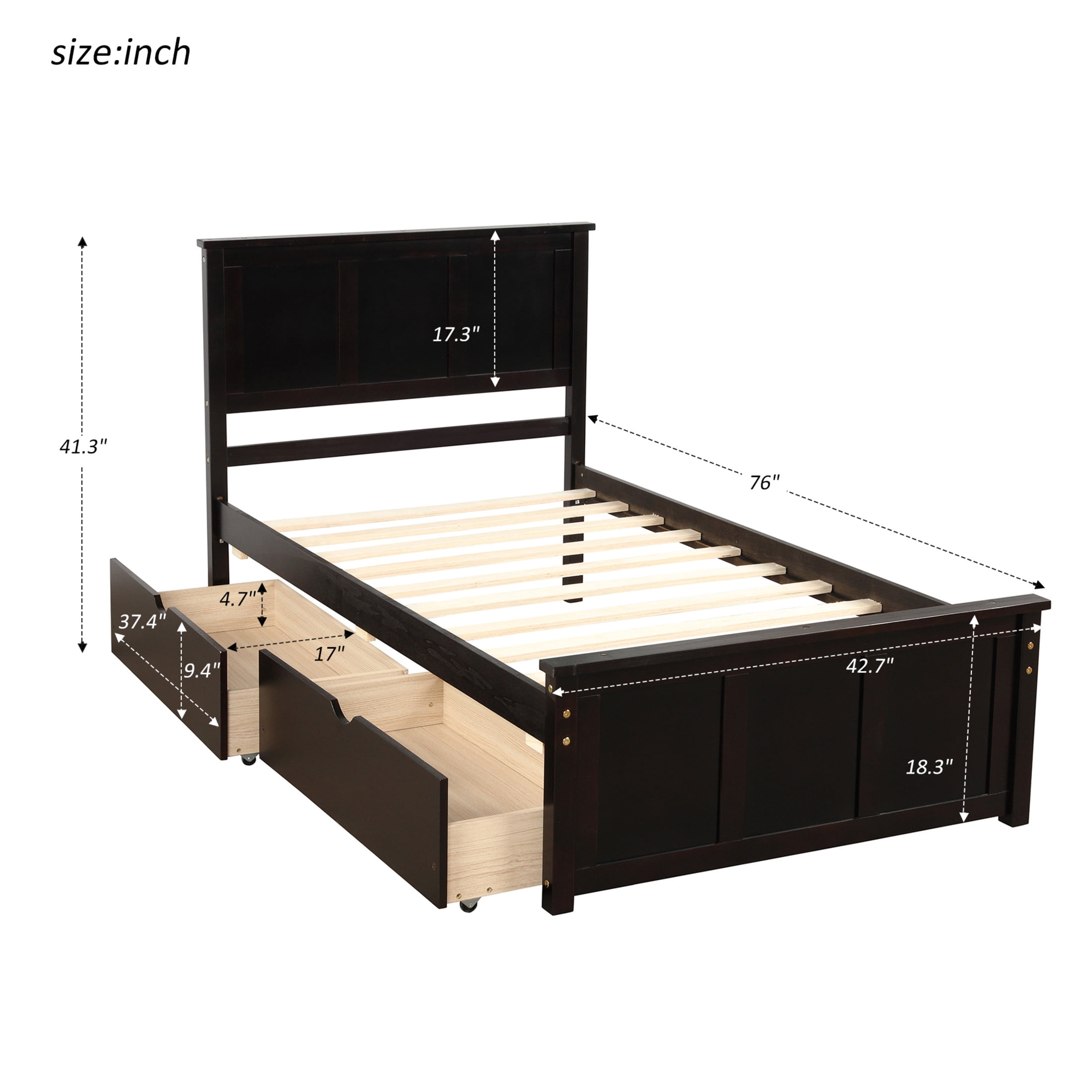 Noble House Twin Platform Storage Bed, Minimal Under-Bed Drawers with Rolling Wheels, Pine Wood Frame, Espresso