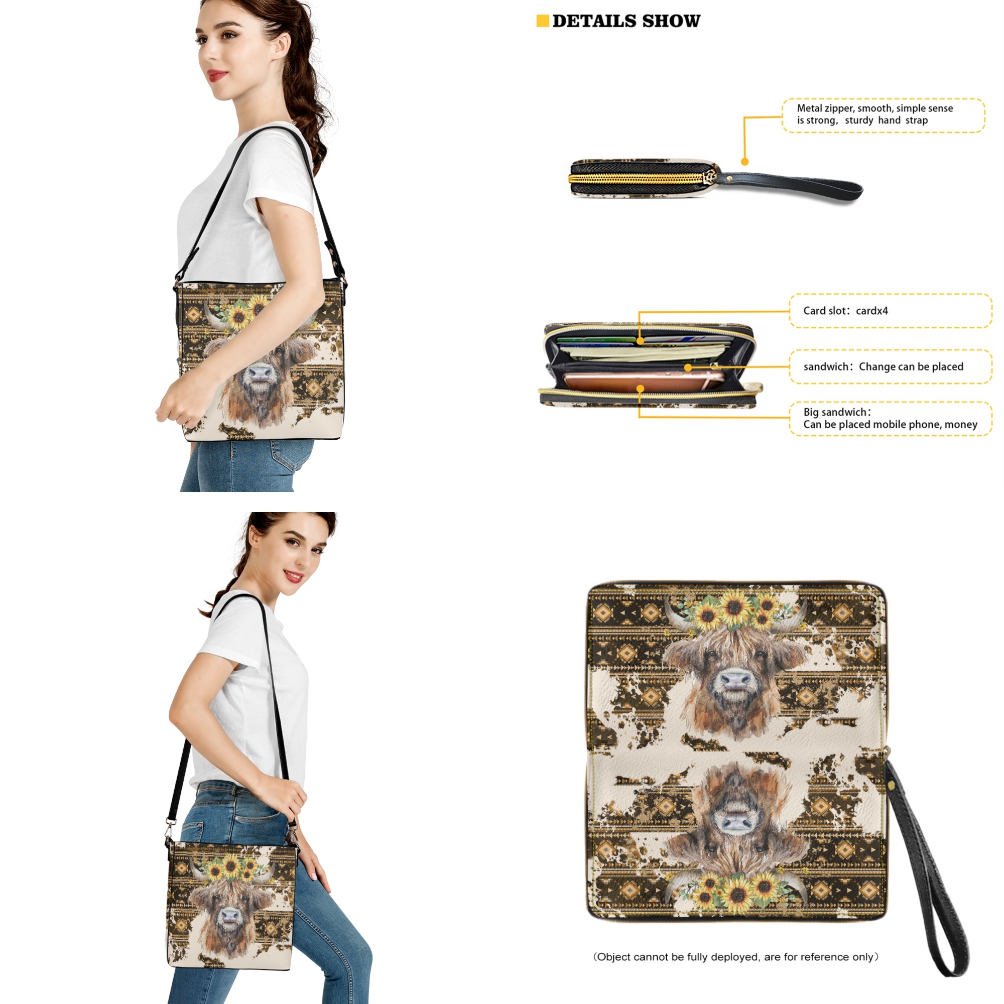 ZUXONGSY Aztec Highland Cow Sunflower Print Leather Bucket Handbag for Women Large Leather Tote Bag with Wallet Set Crossbody Bucket Bag Purse Wallet Set for Shopping Travel