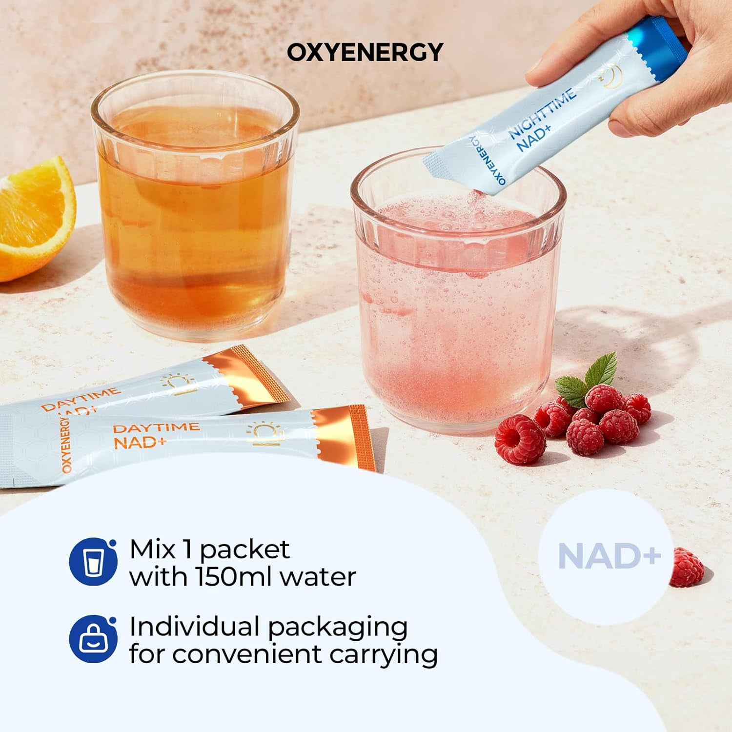 OxyEnergy NAD Supplement 1550mg, Day & Night Dual Formula with Nicotinamide Riboside, Resveratrol & PQQ, 28 Packets