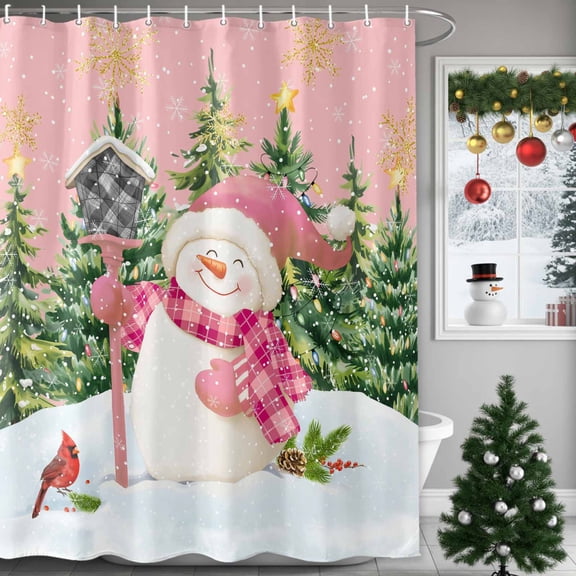 Christmas Snowman Shower Curtains for Bathroom, Xmas Tree Forest Snowflake Bird Snowing Pink Waterproof Fabric Shower Curtain for Bathroom Bathtub Decoration, Machine Washable, 60"x72"