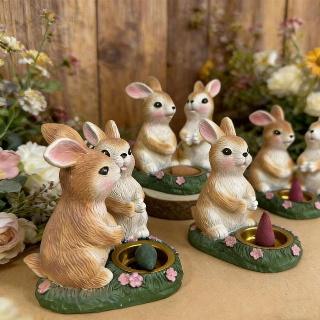 Giaone Rabbits Design Resin Aromatherapies Burners Easter Bunnies Statue Incenses Holder For Home Meditations and Relaxation