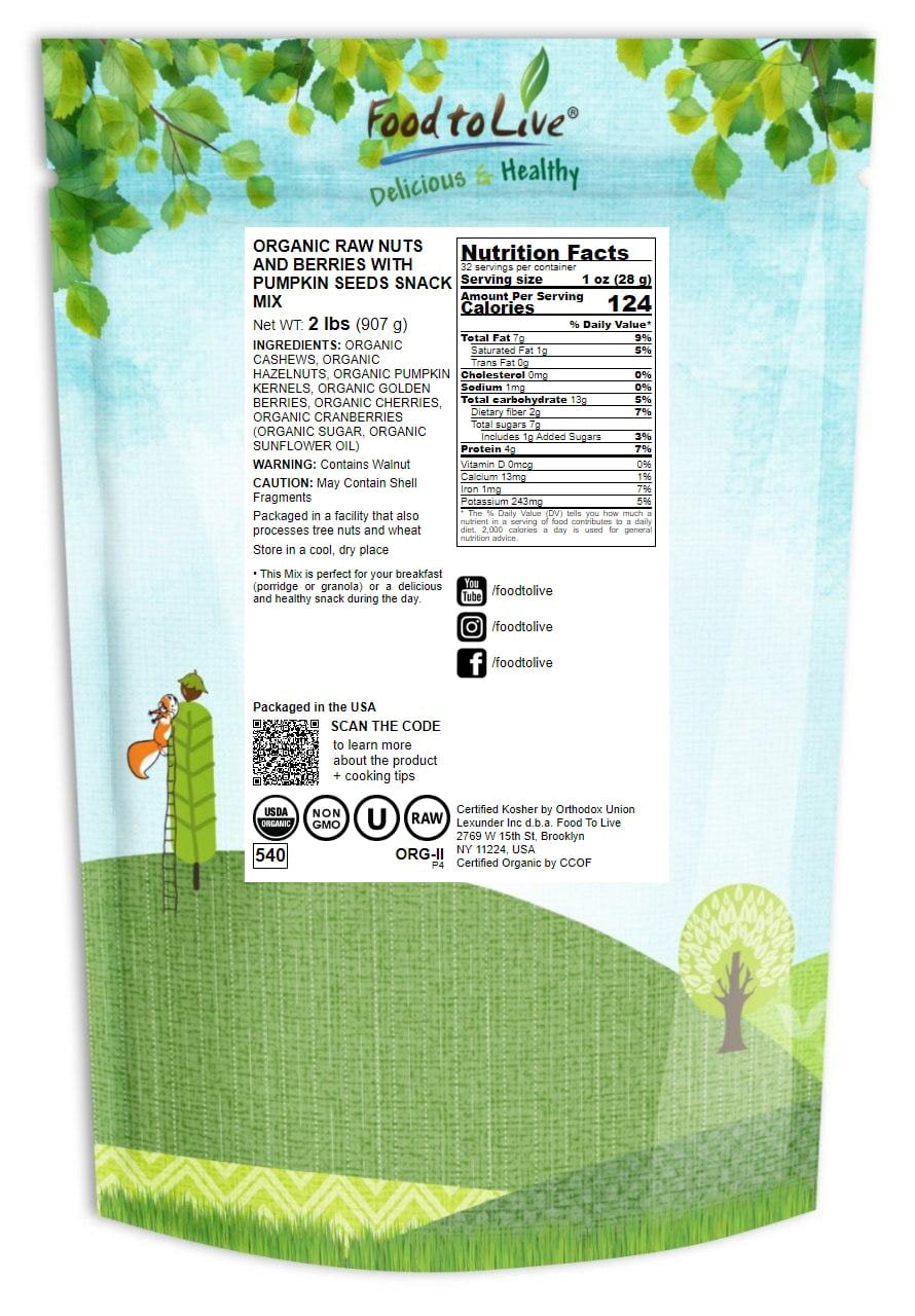 Organic Raw Nuts and Berries with Pumpkin Seeds Snack Mix, 2 Pounds — Non-GMO, Raw, Vegan — by Food to Live