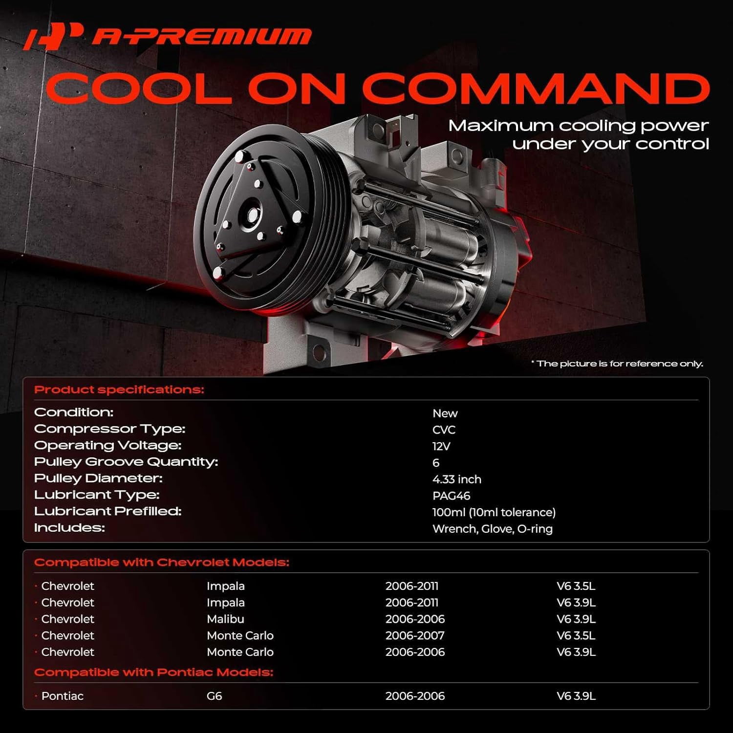 A-Premium AC Compressor with Clutch Compatible with Chevrolet Impala 2006-2011 Malibu 2006 Monte Carlo Pontiac G6 V6 3.5L 3.9L