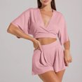 thumbnail image 3 of cfhntfmh Pajama Sets for Women 2 Piece Pjs Loungewear Sets Half Sleeve Deep V Neck Casual Crop Tops Loose Wide Leg Shorts, 3 of 6