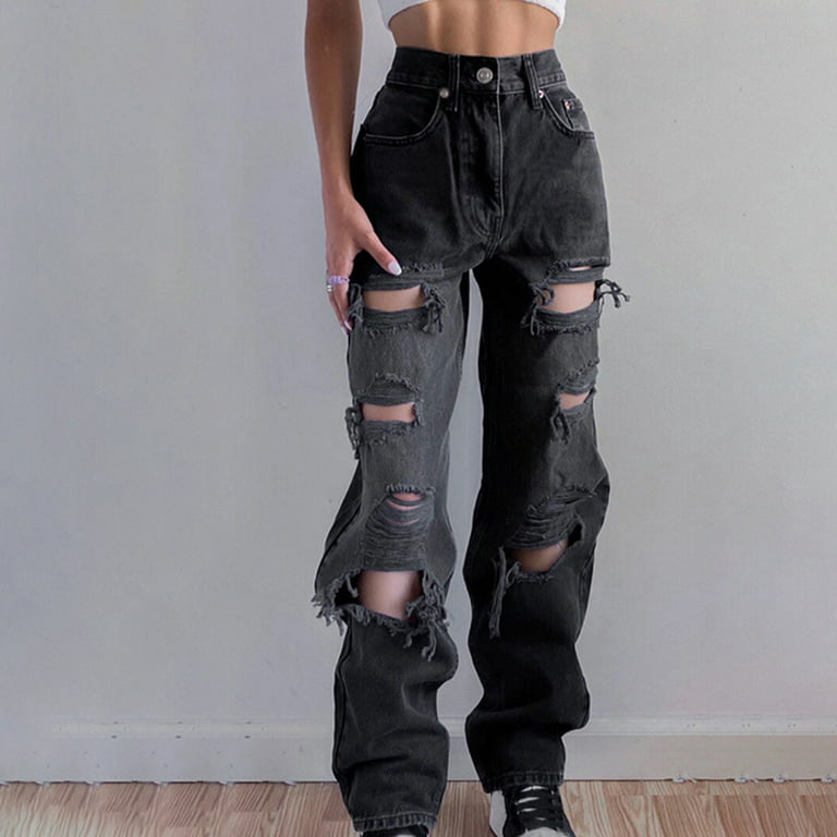 OGLCCG Women's High Waisted Ripped Jeans Distressed Straight Wide