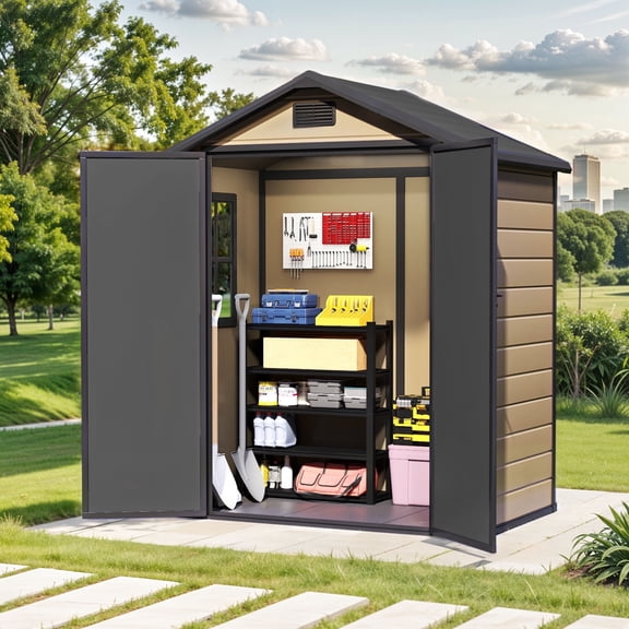 ModFusion 7 ft Plastic Storage Shed with Floor, Window, Lockable Double Doors, 90 Cu.ft Outdoor Resin Cabinet, Utility Organizer, Brown Box for Trash