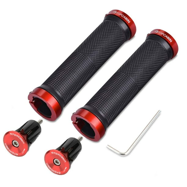 Topcabin Puños De Bicicleta Con Doble Bloqueo En El Manillar De Bicicleta Puños De Goma Cómodos Puños De Bicicleta Para Bicicleta De Montaña Bmx ((Tapón De Bloqueo De Aluminio) Rojo 1 Par)