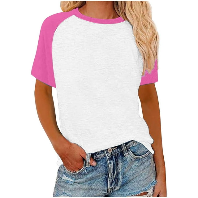 Chemise Raglan pour Femmes T-Shirts d'Été à Blocs de Couleur Coupe Ample Décontractée Basique Col Rond T-Shirts Manches Courtes Tunique Grande Taille (5TG, Rose 02)