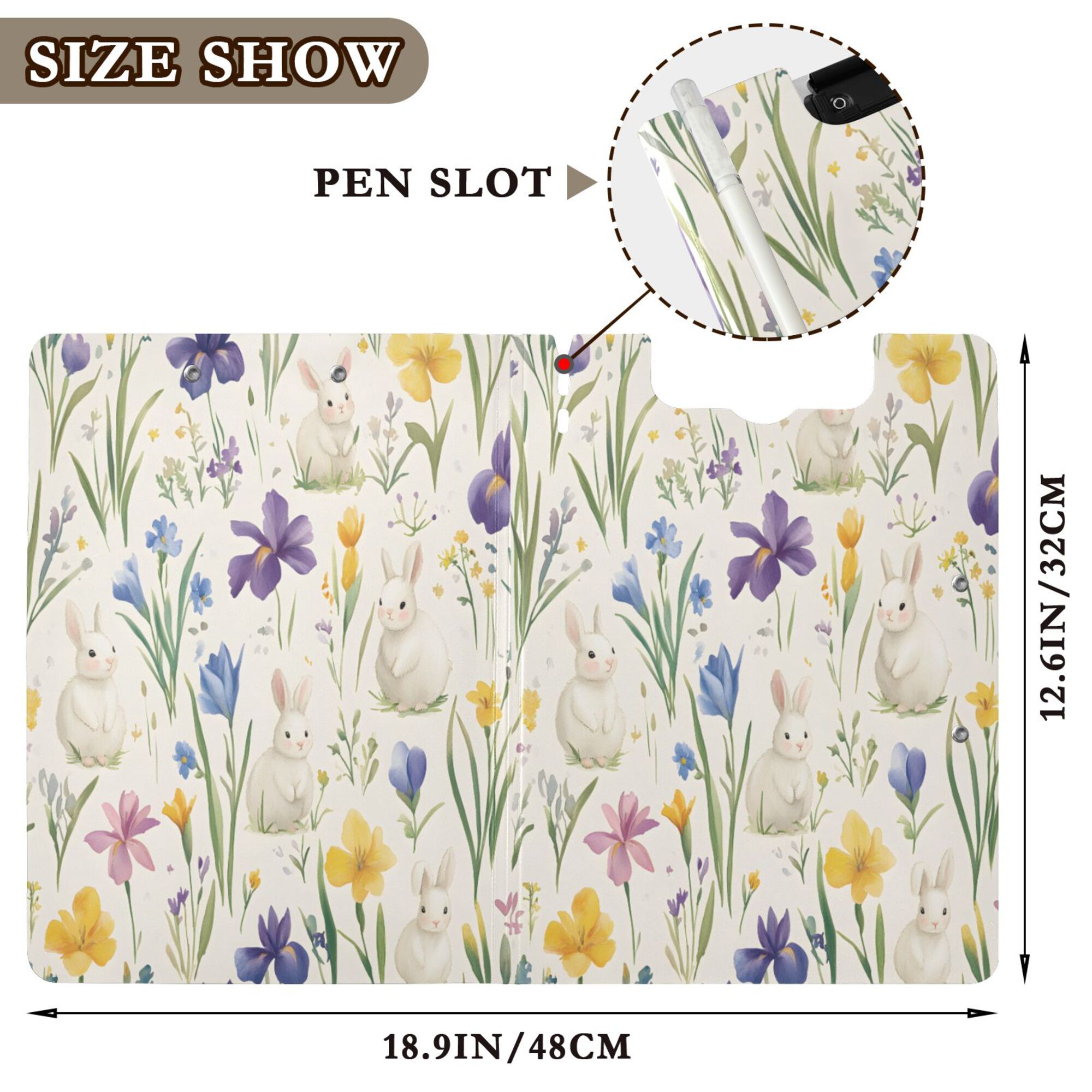 FORMRS A4 Clipboard Folder with Pen Holder Horizontal Foldable School Office Binder, Blue Floral Rabbit