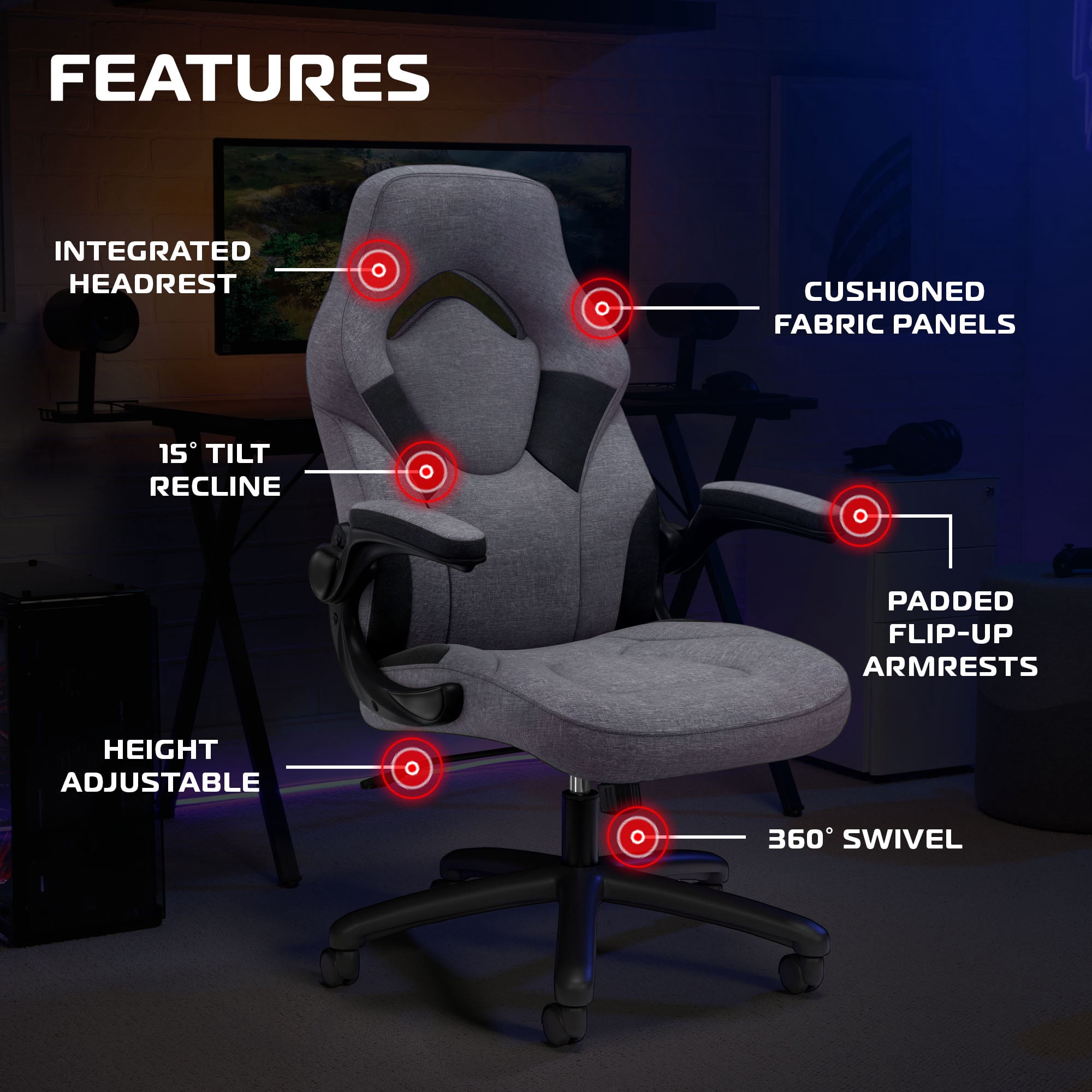 RESPAWN 3085 Ergonomic Gaming Chair for Adults, High Back Office Chair with Headrest and Flip Up Arms, Leather Racing Style Gaming Seat with Lumbar Support, Vdeo Game Computer Desk Seat - Gray Fabric