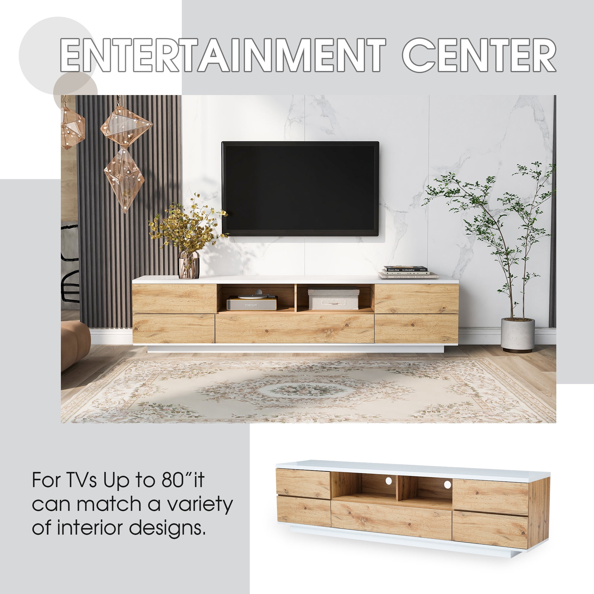 Euroco Modern TV Stand for TVs Up to 80” – Media Console with Concealed Storage, Door Rebound System, and Sleek Minimalist Design