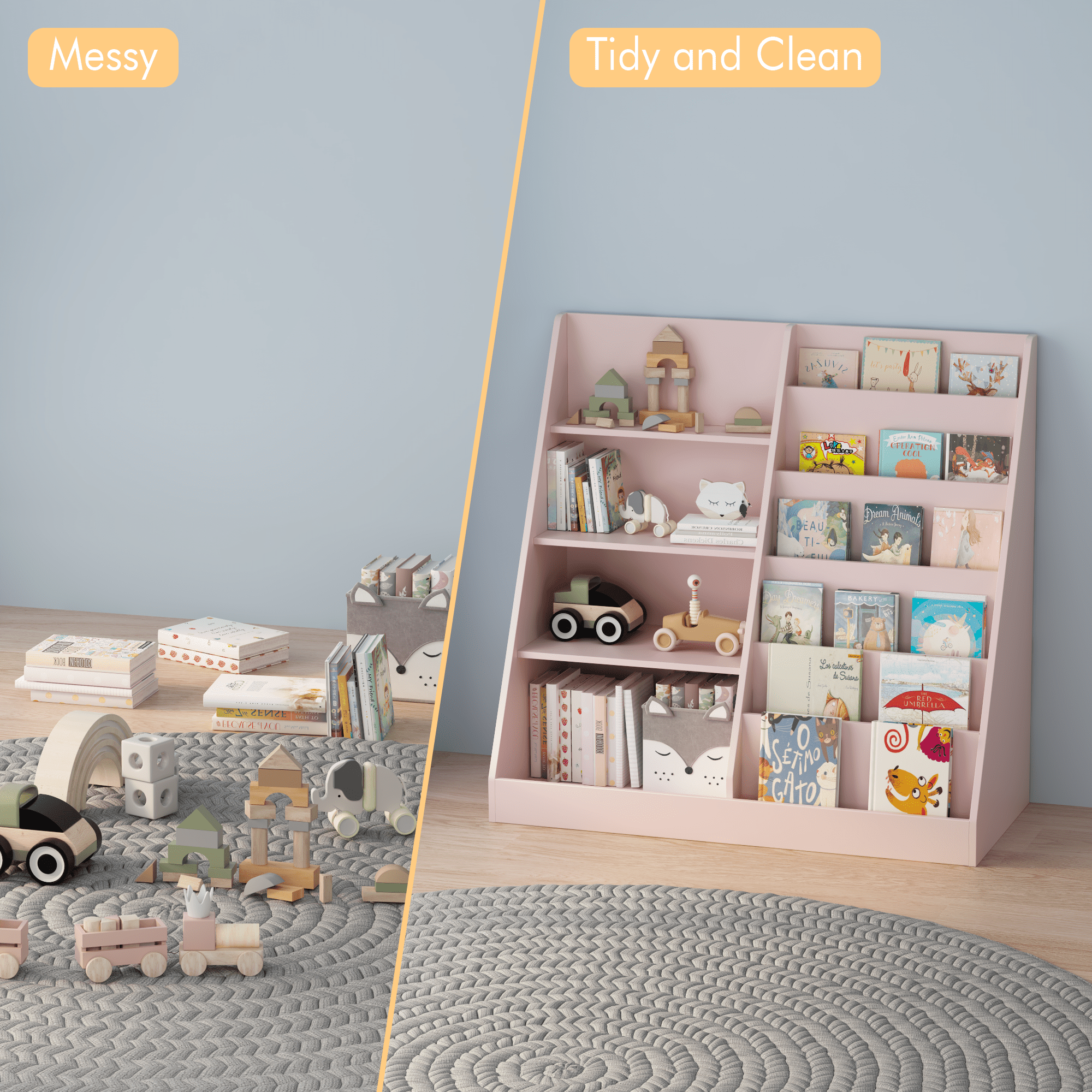 Kids Bookshelf and Toy Storage Organizer, Multifunctional 4 Tier Wooden Kids Book Shelf with Bookcase Display Stand in Kids Room Playroom Nursery for Kids, Children, Toddlers (Pink)