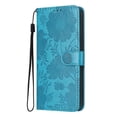 thumbnail image 2 of For Apple iPhone 16 Pro 6.3" Flower Embossed Buckle Case, Card Slots/Pocket, PU Leather Flip Wallet Case With Short Wrist Strap,Blue,For iPhone 16 Pro, 2 of 7