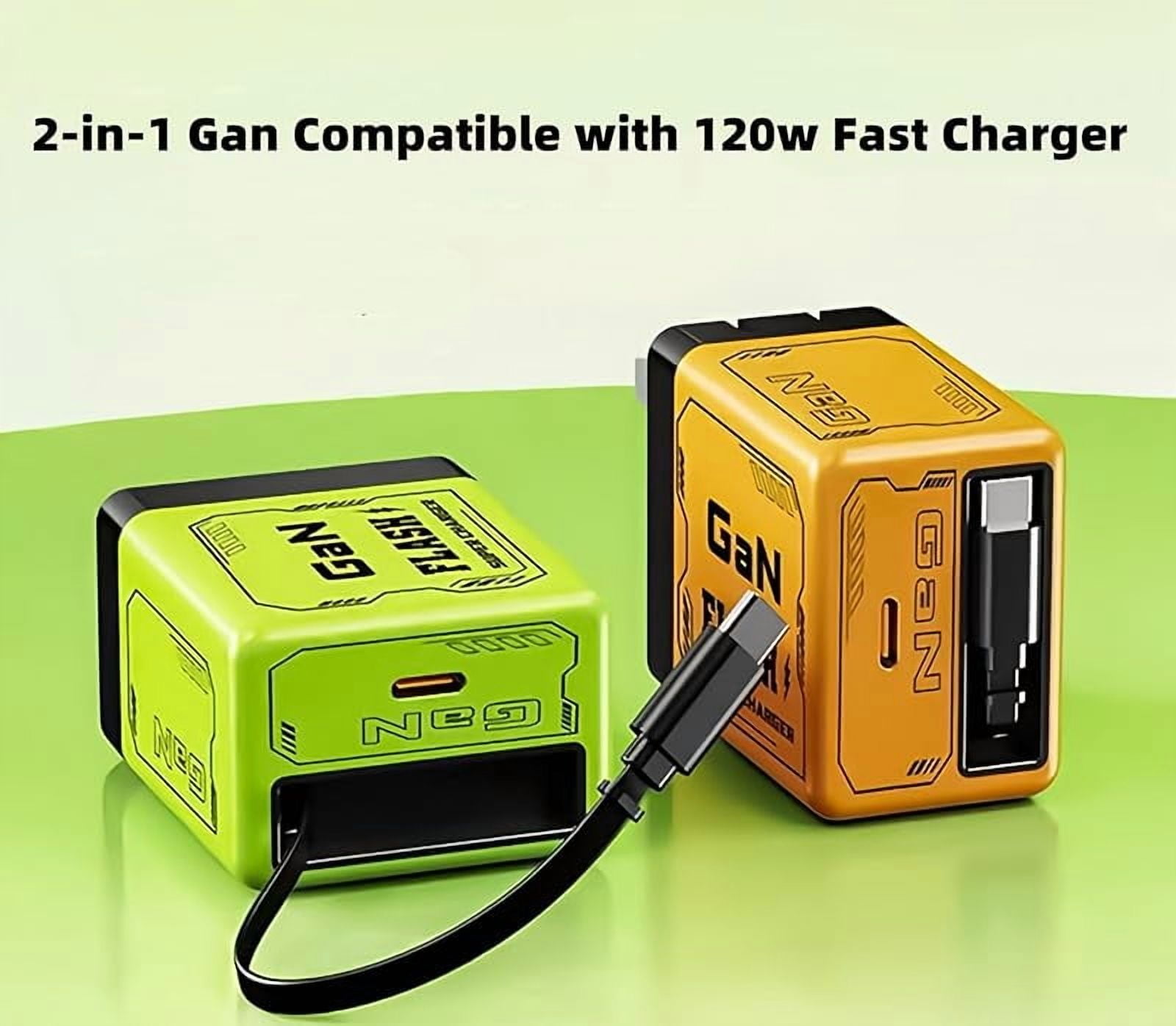2 in 1 Gan Charger, All in One Foldable Plug for iPhone, 120w Compatible Fast Charging Power Adapter Retractable Wall 2-in-1 GaN 120W Fast Charger(Orange-2PC)