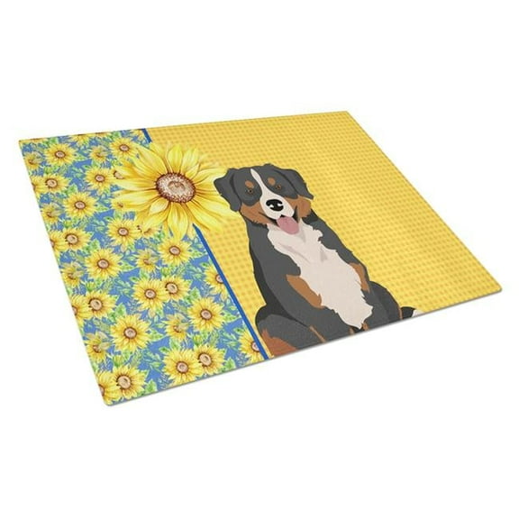 Summer Sunflowers Bernese Mountain Dog Glass Cutting Board Large 12 in x 15 in