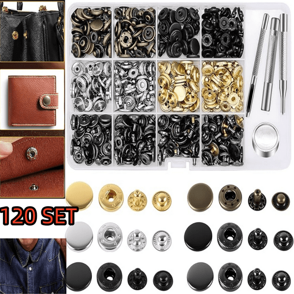 120Sets Snap Button Kit, 12.5mm Leather Snaps Fasteners, Metal Button Press Studs for Fabric Leather Bag Clothes Jackets Bracelets DIY for Sewing Accessories