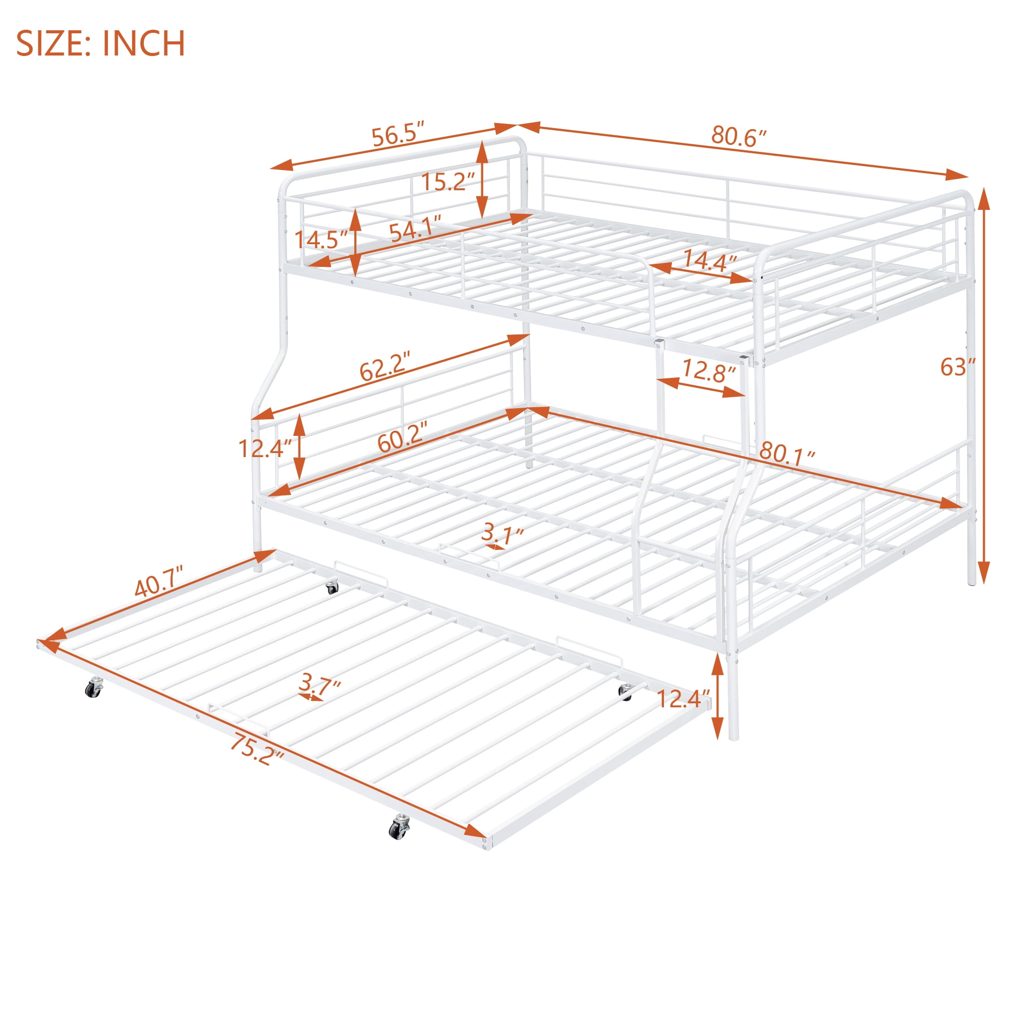 Aukfa Full XL over Queen Metal Bunk Bed with Trundle Bed for Teens, Adults, Dorm, White