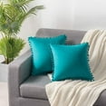 thumbnail image 2 of ZOELNIC Pack of 2 Decorative Throw Pillow Covers with Pom Poms Soft Square Velvet Pillow Case for Couch Sofa Bedroom 18''x18'' Peacock Blue, 2 of 7