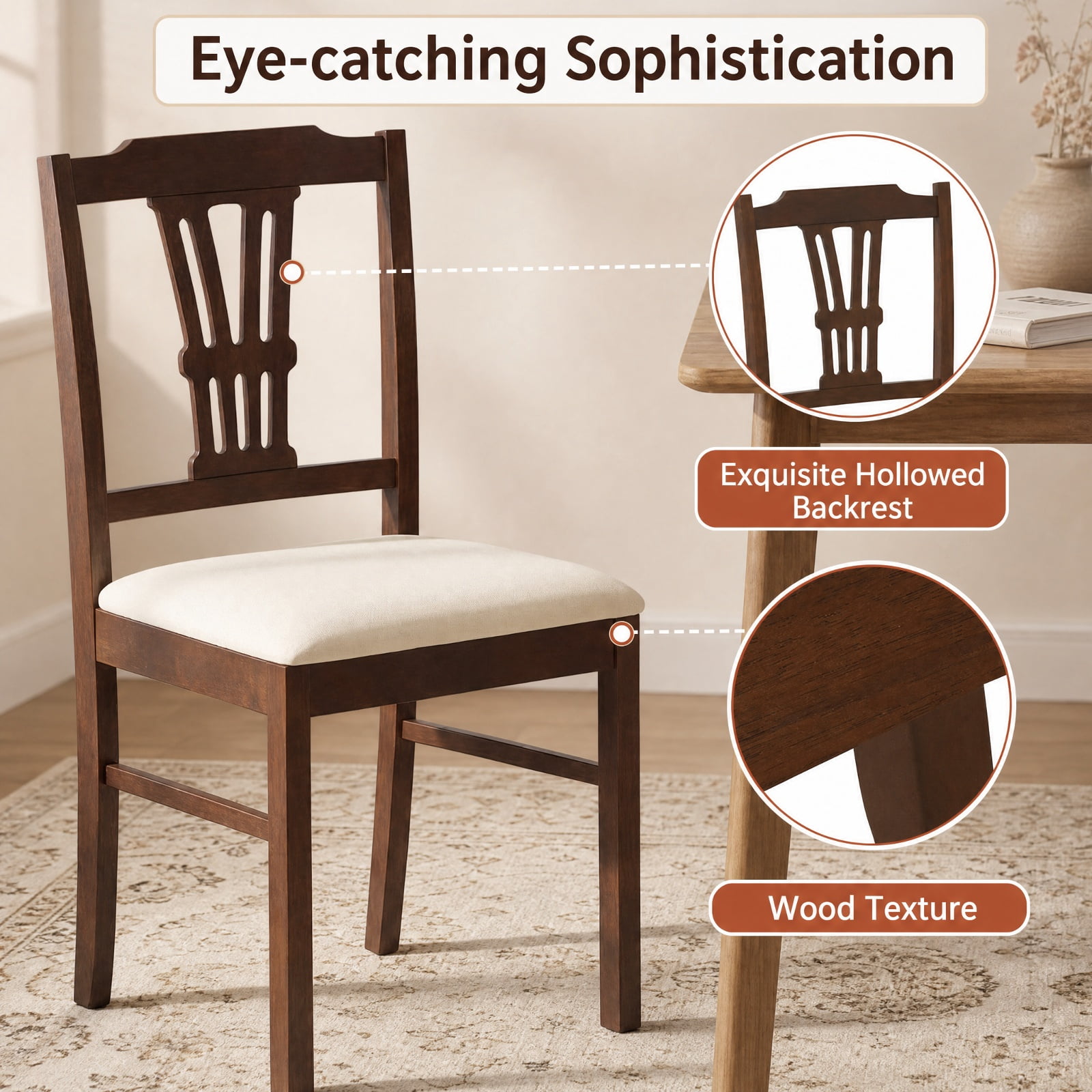 Furnibear Upholstered Dining Chairs Set of 2 Kitchen Chairs with Solid Rubber Wood Frame and Padded Seat for Dining Room, Beige
