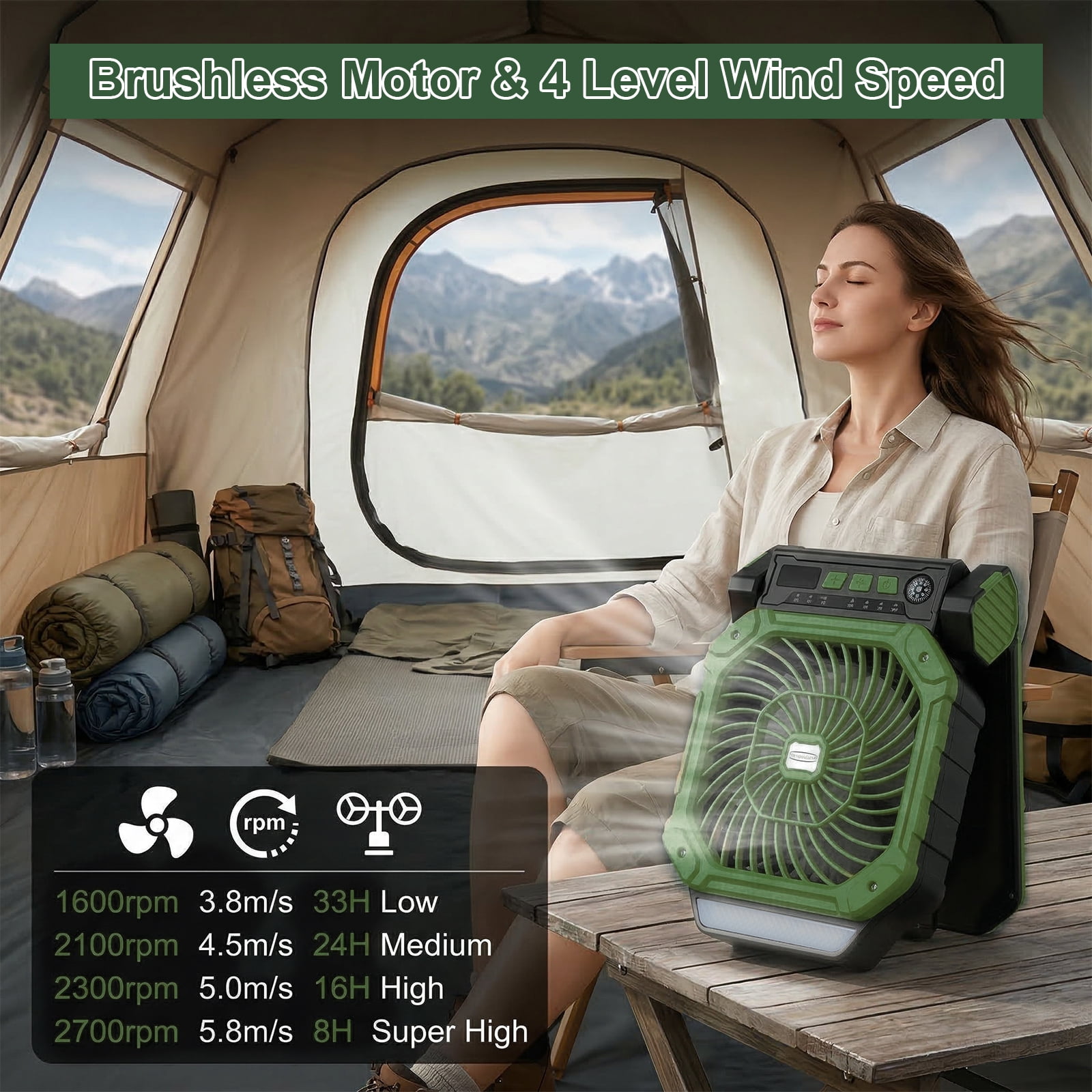 Fohil 20000mAh Solar Camping Fan with LED Light, Solar/USB Charging, 4-Speed Fan,3 Timer Settings, Phone Charging for Camping Fishing Outdoor, Green