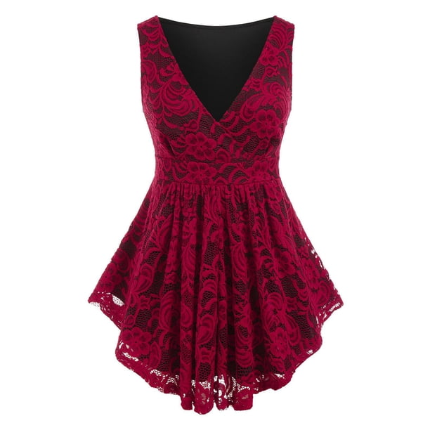 Tank Top de Peplum de Encaje con Escote Pico Rosegal Camisetas sin mangas de talla grande