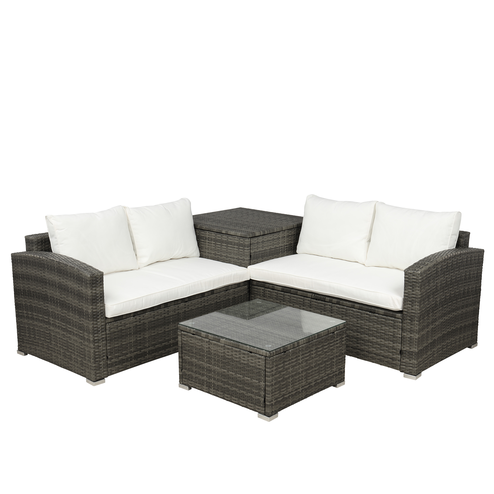 Outdoor Patio Furniture Set, 4-Piece Gray Wicker Patio Furniture Sets, Rattan Wicker Conversation Set w/L-Seats Sofa, R-Seats Sofa, Cushion box, Glass Dining Table, Padded Cushions, Beige, S13126 - image 1 of 7