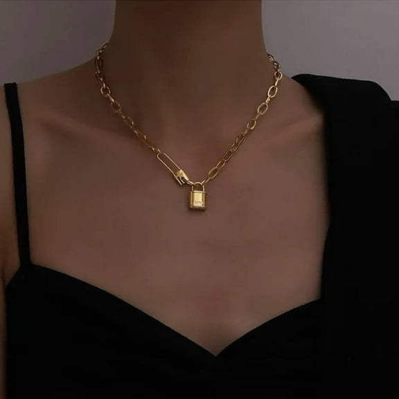 Lordluxury 14k Yellow Gold Letter Love Lock Pendant Thick Chain Necklace Female Fashion Retro Exaggerated Punk Style Party