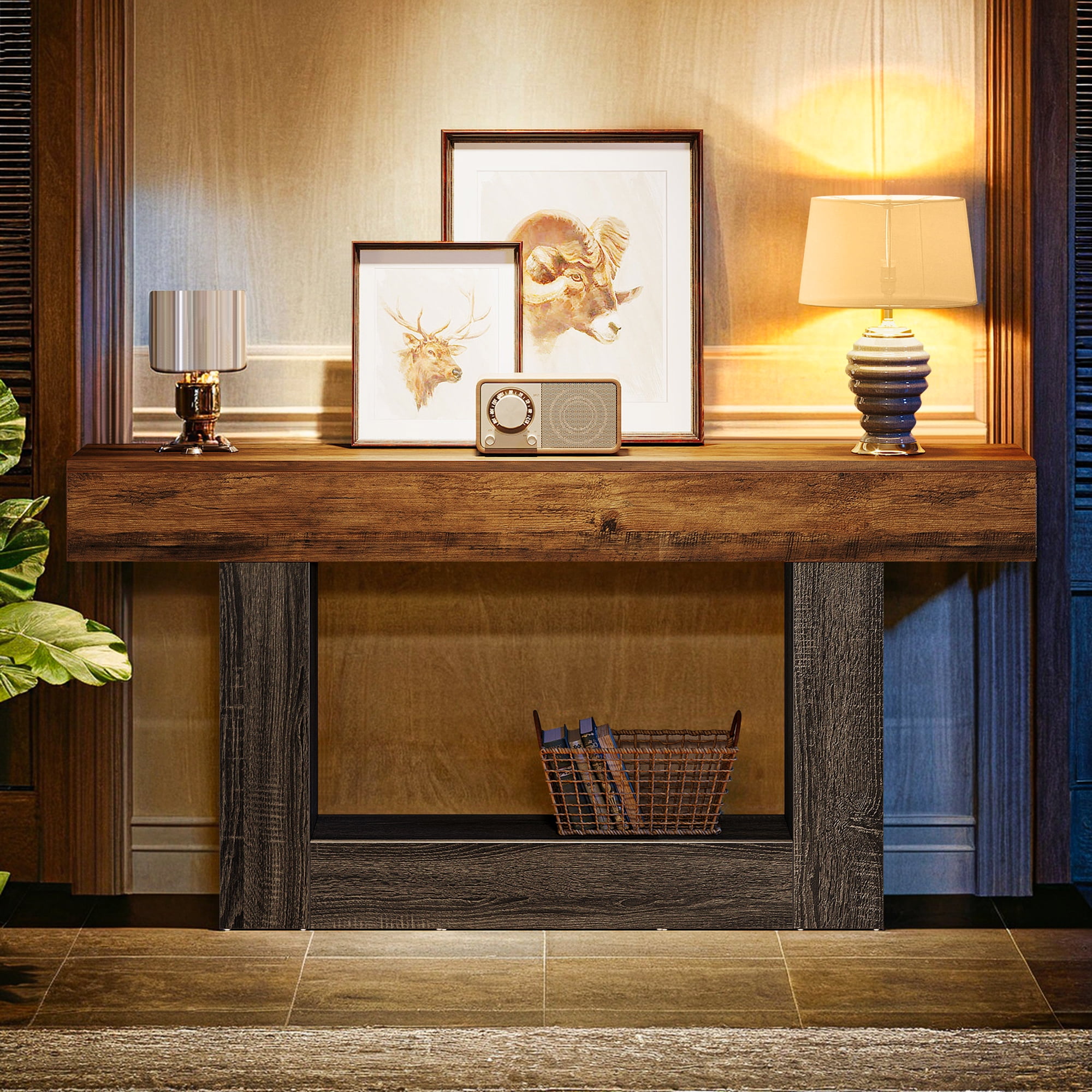 Demi Bonn 63" Wood Console Table, Farmhouse 2-Tier Sofa Table Entryway Table, Foyer Display Table, Brown + Gray