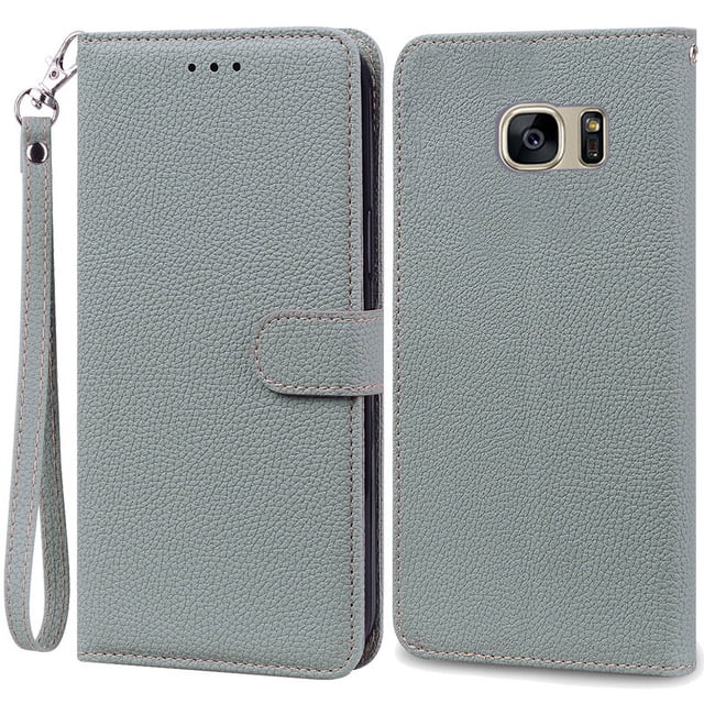 S7Edge Case For Samsung Galaxy S7 Case Leather Wallet On For Samsung S7 Edge Case Soft Flip Cover For Samsung S7 S 7 Edge Fundas Grey -Strap For Samsung S7 Edge