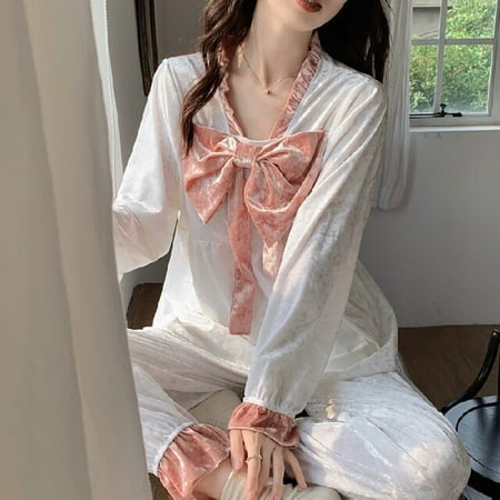 

DanceeMangoo Autumn Winter New Warm Flannel Womens Pajamas Set Long-sleeved Trousers Two-piece Set Sweet Soft Home Wear Clothes for Women