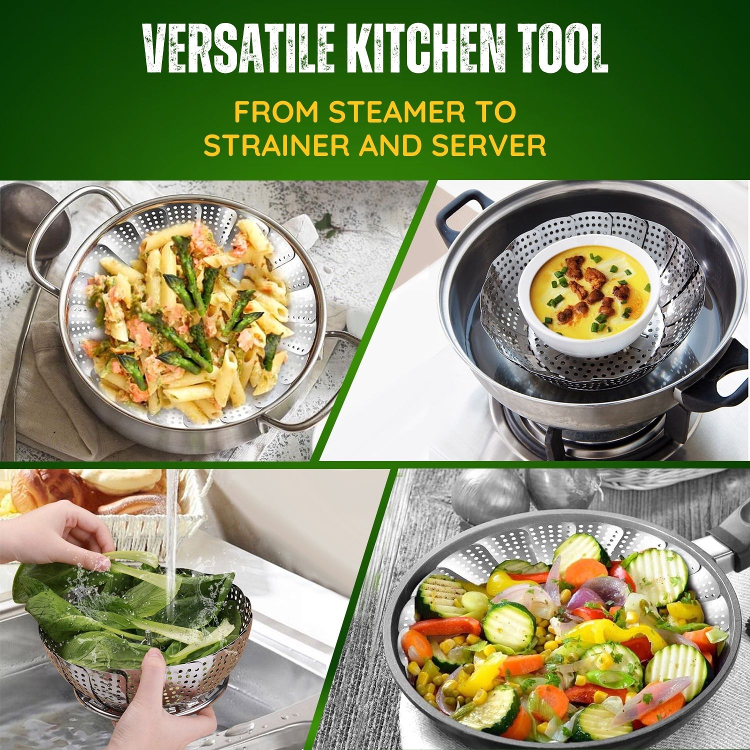 Stainless Steel Vegetable Steamer Basket with Extendable Handle - Expandable Collapsible Foldable Cooking Insert Fit Instant Pot 3 6 8 Qt Pressure Cooker for Steam Food 7-11 Inch Adjustable