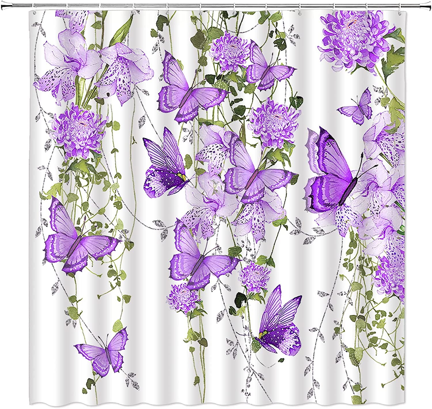 Purple Butterfly Shower Curtains Watercolor Butterflies Rustic Floral Spring Vine Nature Garden