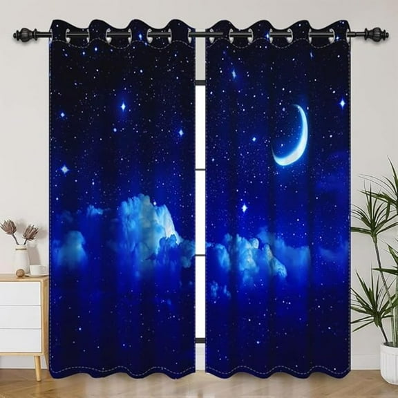 Moon Stars Blackout Curtains Dark Blue Navy Starry Window Curtains For Kids Bedroom Decor Romantic Night Starry Sky Clouds Galaxy Outer Space Fairy Tale Drapes Decor 53"W x 63"L (Pack of 2)