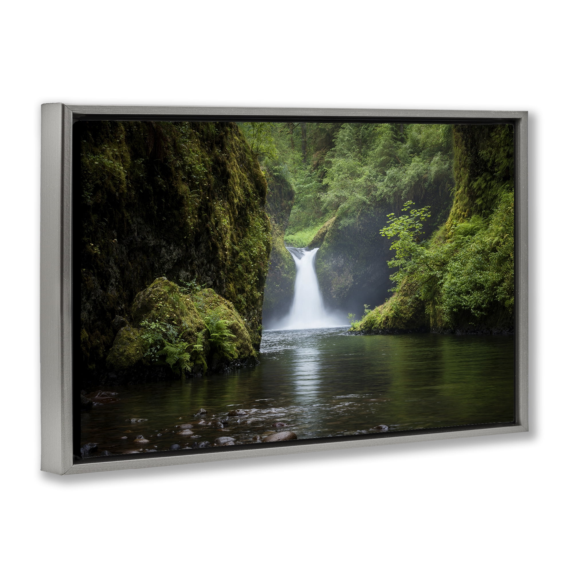 Stupell Industries Peaceful Waterfall Creek Landscape & Nature Photography Gray Floater Framed Canvas Art Print Wall Art, 31 x 21