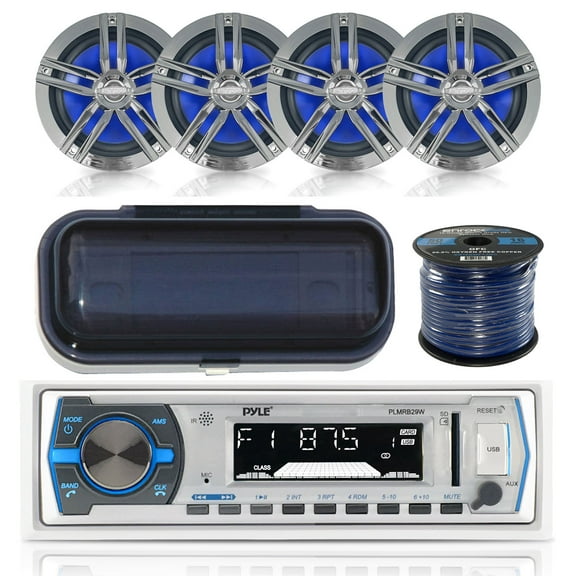 Pyle PLMRB29W Marine Boat USB/SD/MP3 Bluetooth Stereo Receiver With Waterproof Cover Bundle Combo With 4x Enrock 6.5" Inch Dual-Cone Chrome/Black Audio Coaxial Speakers   Enrock 50Ft 16g Speaker Wire