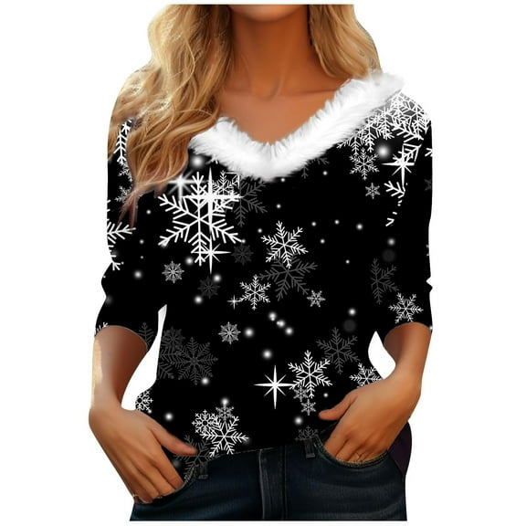 JFGHDG Womens Christmas Tops Faux Fur Trim V Neck Sweatshirts Long Sleeve Workout Tops for Women Basic Tees for Women Christmas Hoodie Christmas Sweaters Womens 3/4 Sleeve Tops Black L