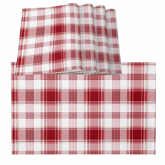Red Checkered Placemats for Dinning Table Set of 4, Red White Plaid Farmhouse Burlap Kitchen Place Mats Waterproof Cloth Table Mats, Indoor Outdoor Placemats Easy Clean Dinner Decor