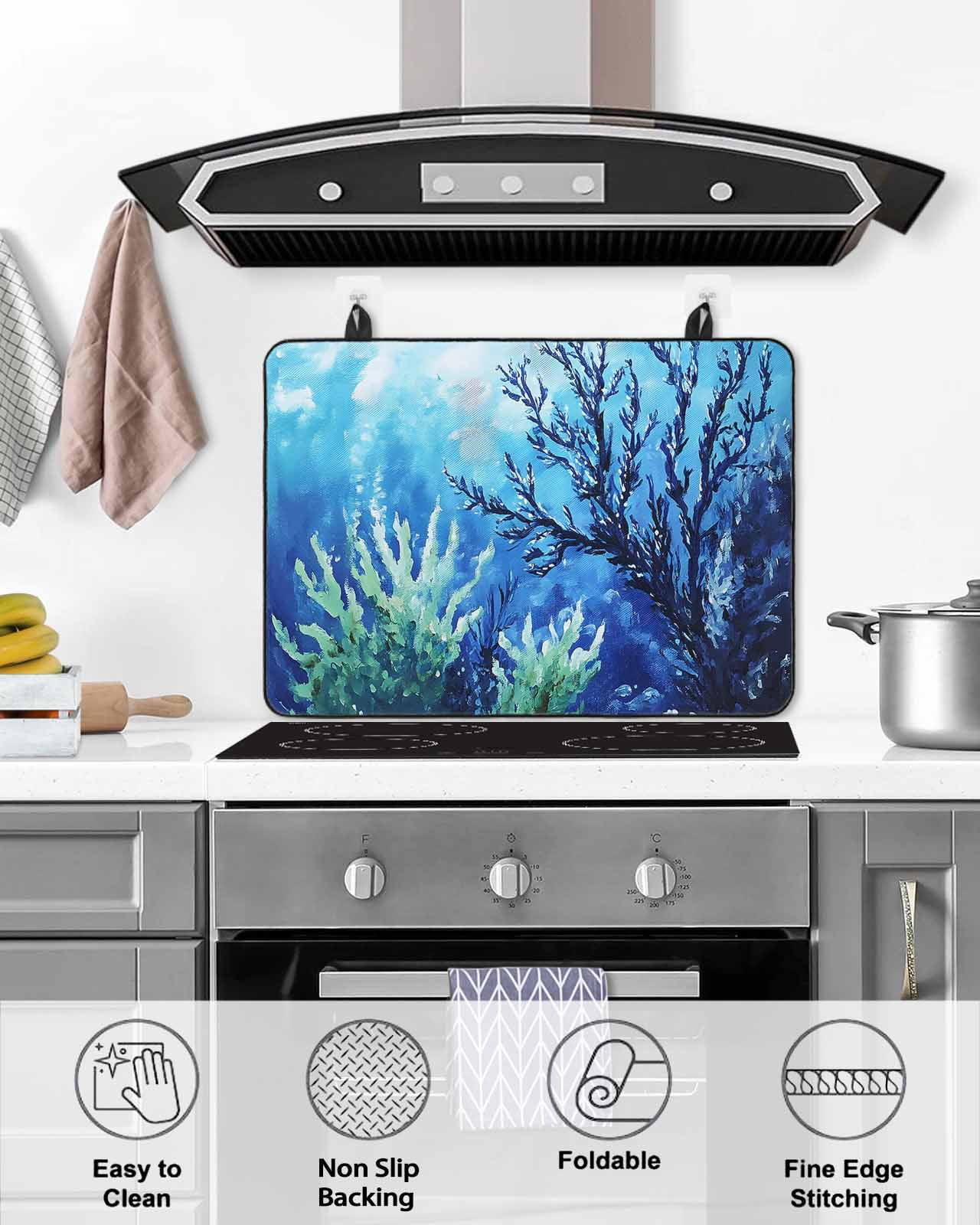 nqOlkjepod Large Induction Cooktop Protector Mat 24"x21", Blue Green Coral Stove Top Covers for Electric Stove, Summer Watercolor Ocean Plant Stove Burner Cover Mats, Glass Top Stove Cover