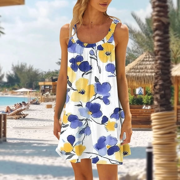 Xdegoge Tropical Dresses for Women Flowy Relaxed Fit Sleeveless Scoop Neck Vacation Dress Pleated Casual Dresses Hawaiian Leaf Print Summer Beach Luau
