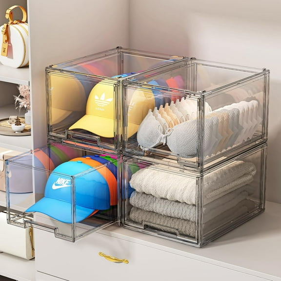 2 Pack Hat Organizer Box with Sliding Drawer, Clear Stackable Storage for Baseball Caps, Snapback Cap Holder