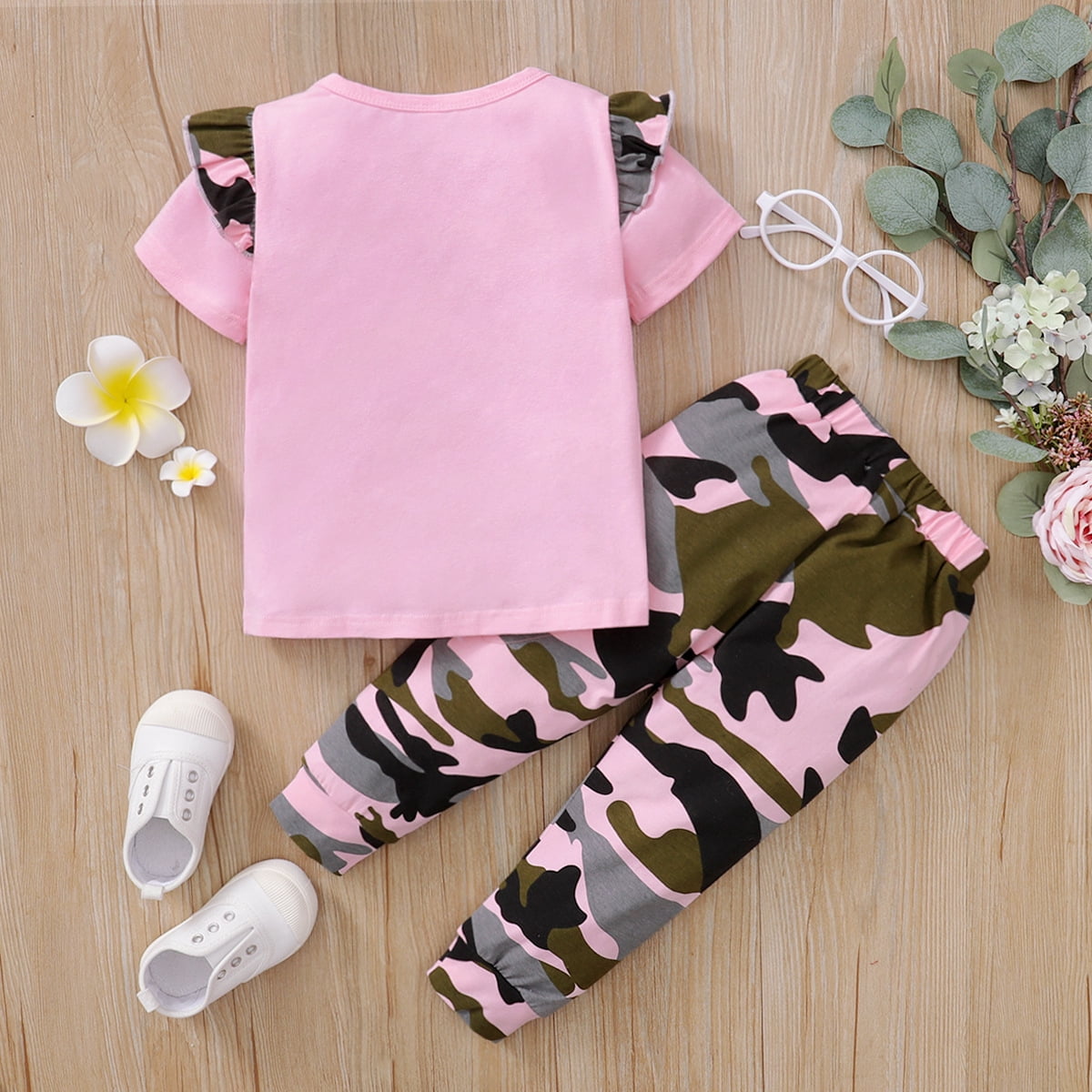 5T Kids Girls Clothes Little Girls 2PCS Outfits 5-6 Years Girls Letter Print Short Sleeve Top Camouflage Pants Set Pink